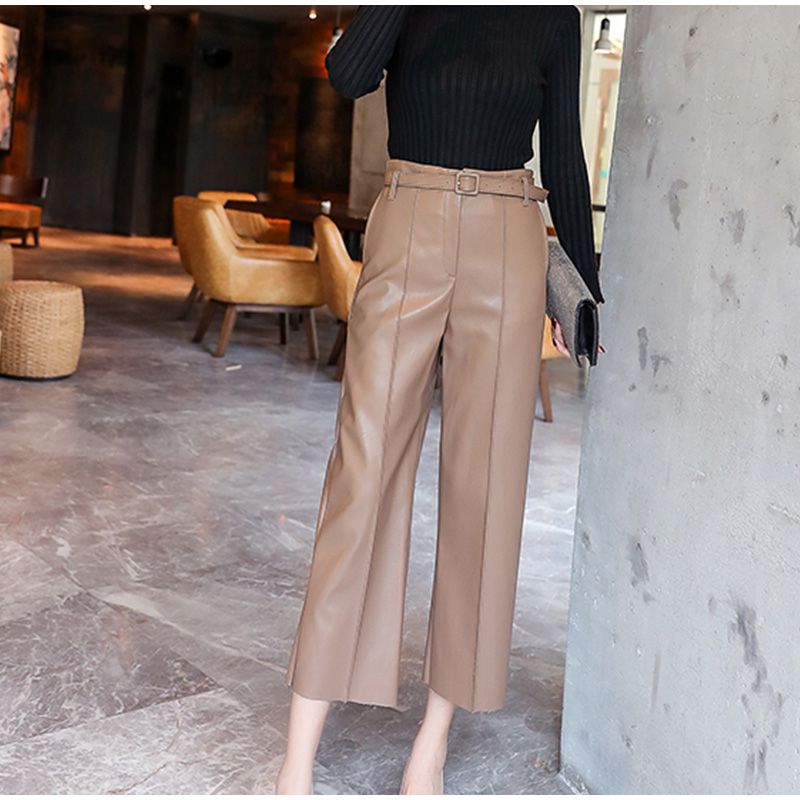 Women's Belted Faux Leather Pants with High Waist