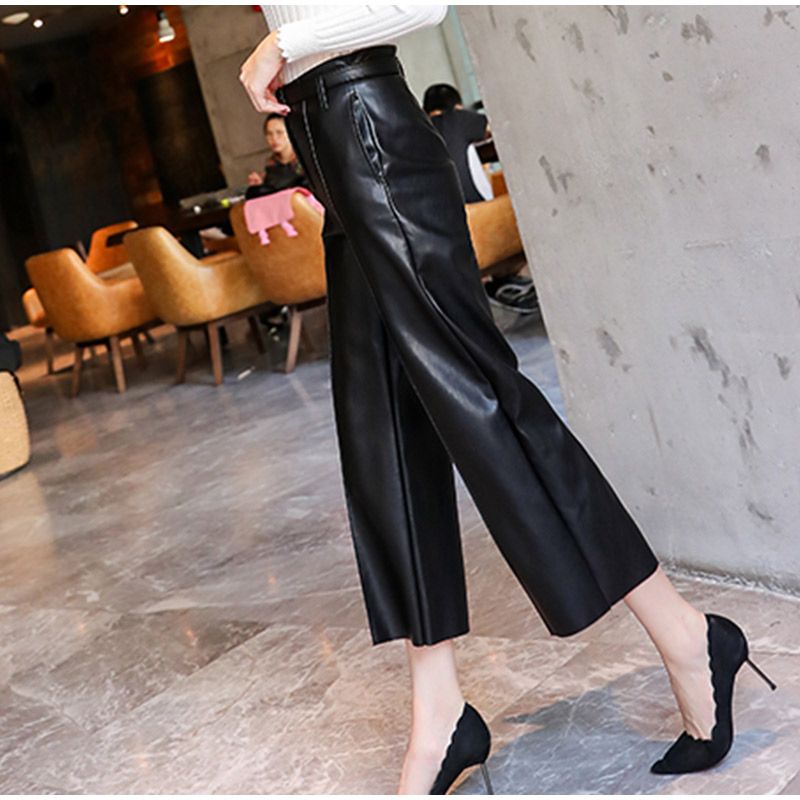 Women's Belted Faux Leather Pants with High Waist