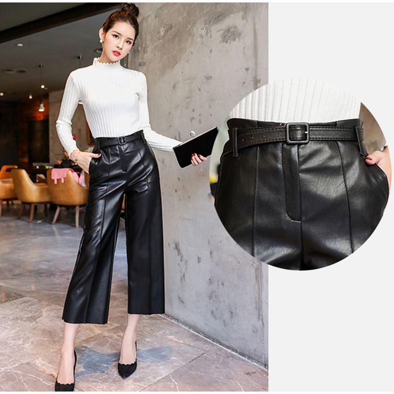 Women's Belted Faux Leather Pants with High Waist