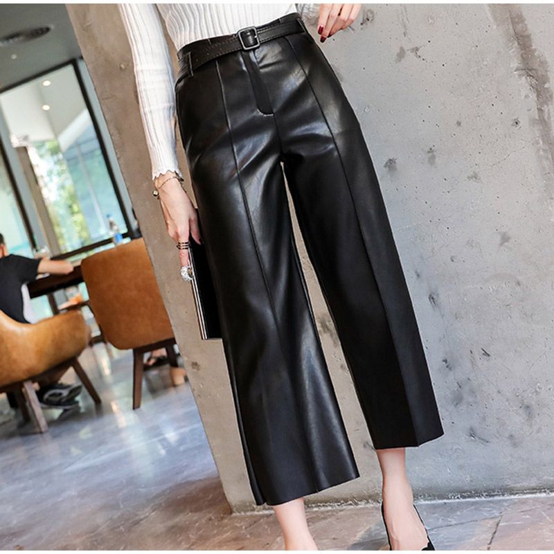 Women's Belted Faux Leather Pants with High Waist