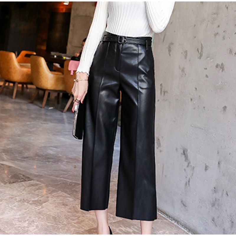 Women's Belted Faux Leather Pants with High Waist