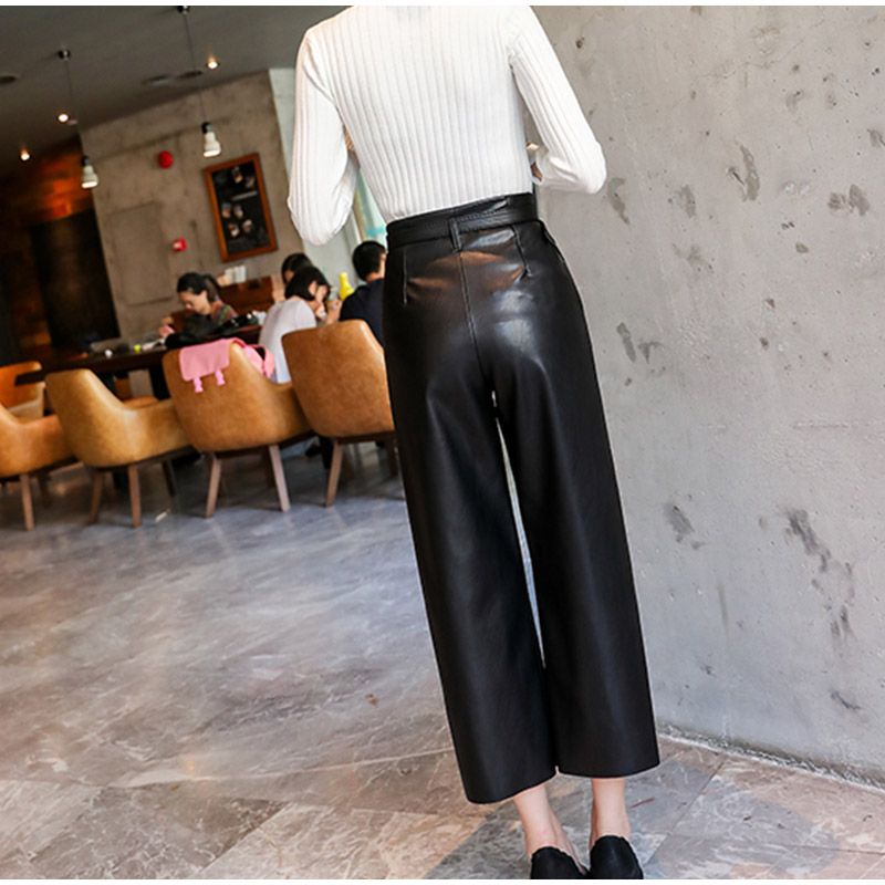 Women's Belted Faux Leather Pants with High Waist