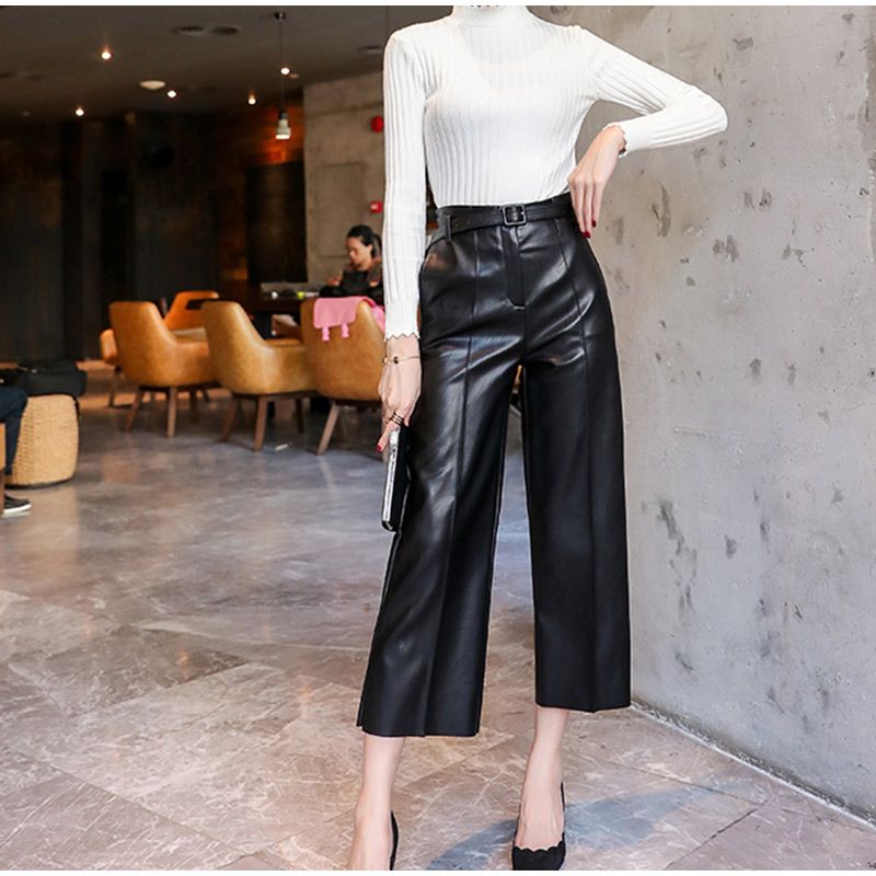 Women's Belted Faux Leather Pants with High Waist