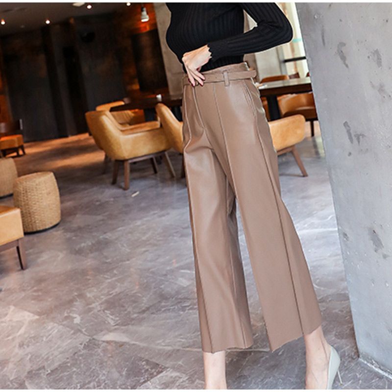 Women's Belted Faux Leather Pants with High Waist