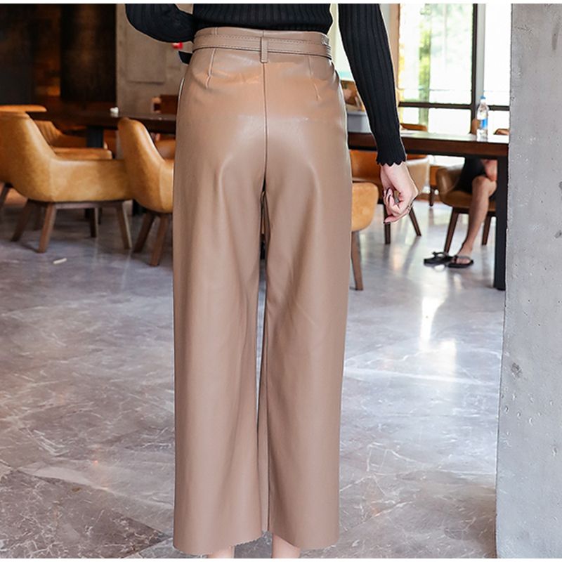 Women's Belted Faux Leather Pants with High Waist