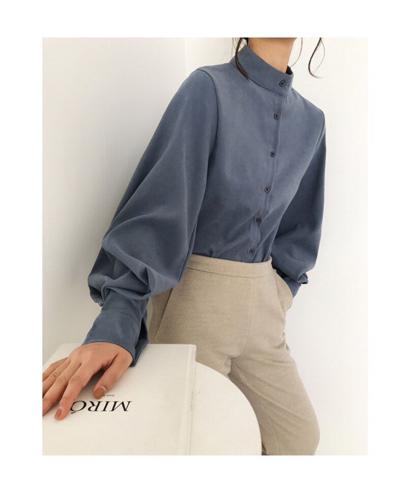 Mandarin Collar Lantern Sleeve Blouse for Women