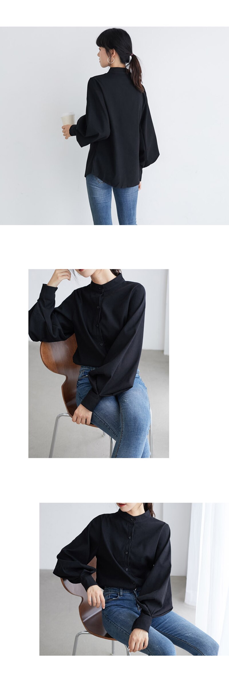 Mandarin Collar Lantern Sleeve Blouse for Women