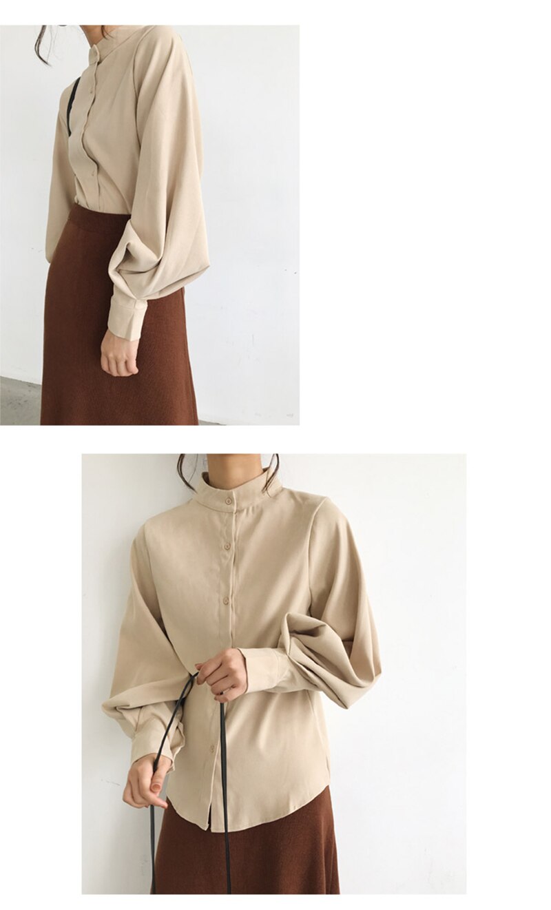 Mandarin Collar Lantern Sleeve Blouse for Women