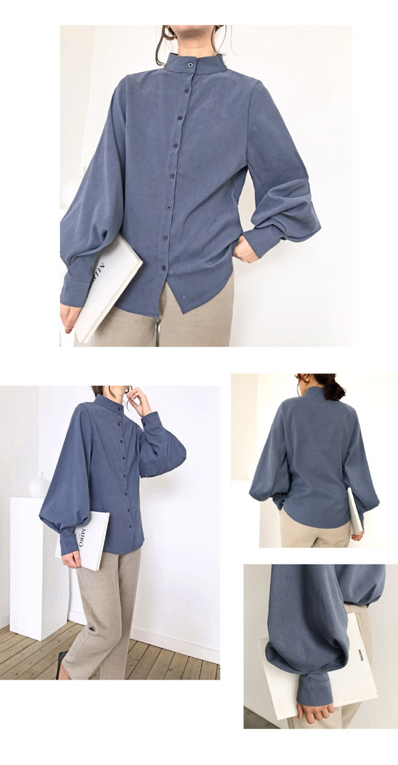 Mandarin Collar Lantern Sleeve Blouse for Women