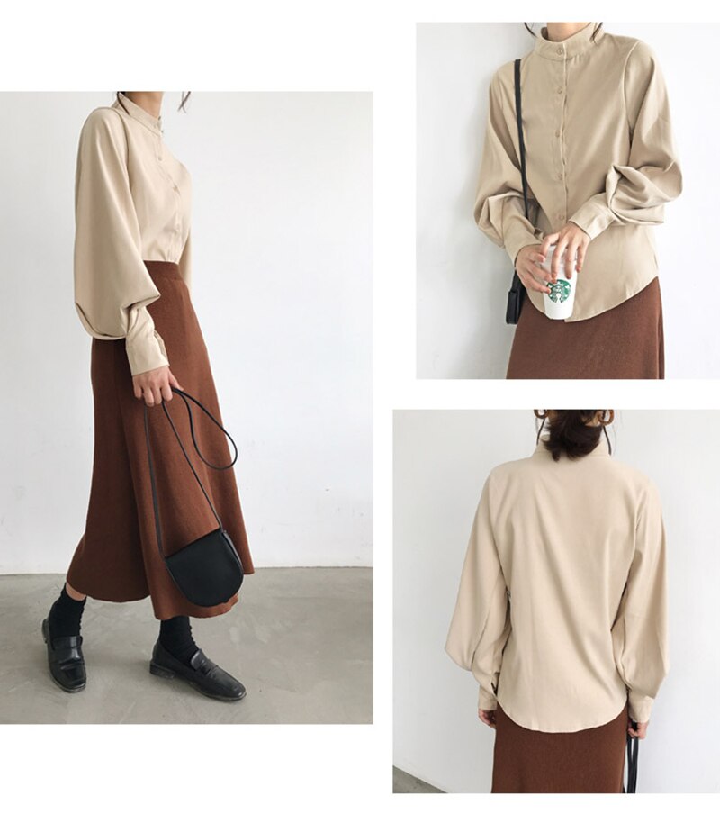 Mandarin Collar Lantern Sleeve Blouse for Women