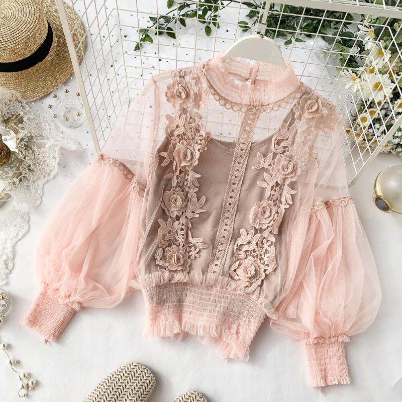 Women's Spring Blossom Sheer Lace Blouse