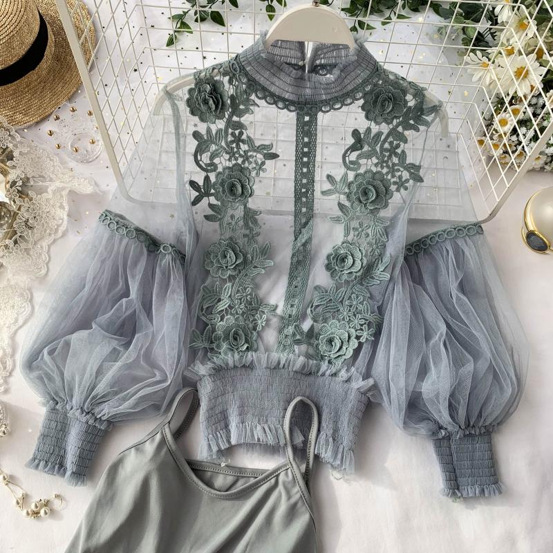 Women's Spring Blossom Sheer Lace Blouse