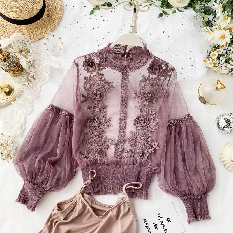 Women's Spring Blossom Sheer Lace Blouse