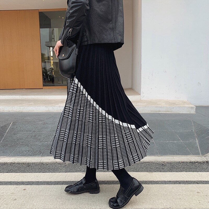 Women's Houndstooth Pleated Midi Skirt