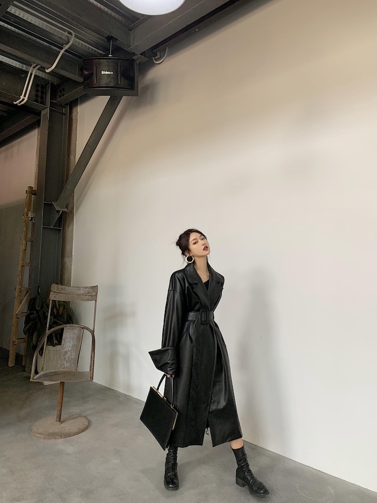 Women's Leather Long Oversized Trench