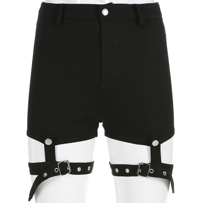 Women's Black Slim Shorts with Leg Belts