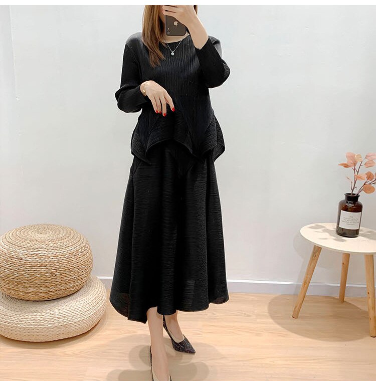 Women's Pleated Loose Pullover with Midi Skirt Set