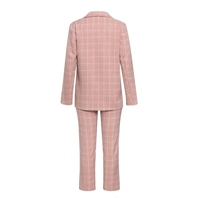 Pink Plaid Double Breasted Blazer with Pants Suit for Women