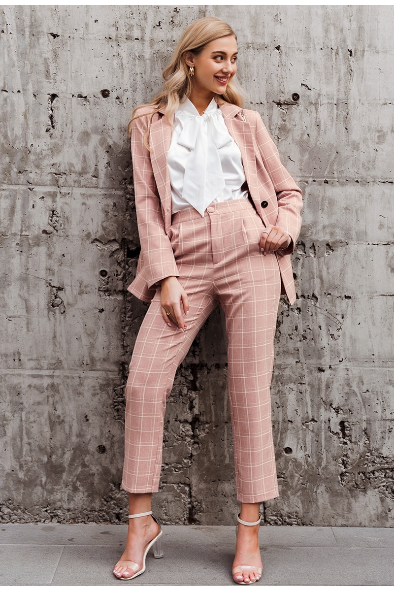 Pink Plaid Double Breasted Blazer with Pants Suit for Women