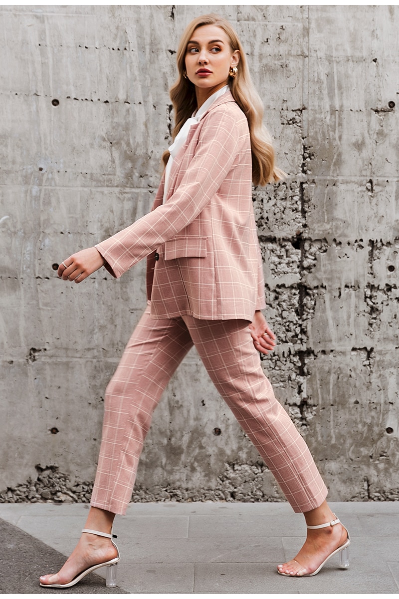 Pink Plaid Double Breasted Blazer with Pants Suit for Women