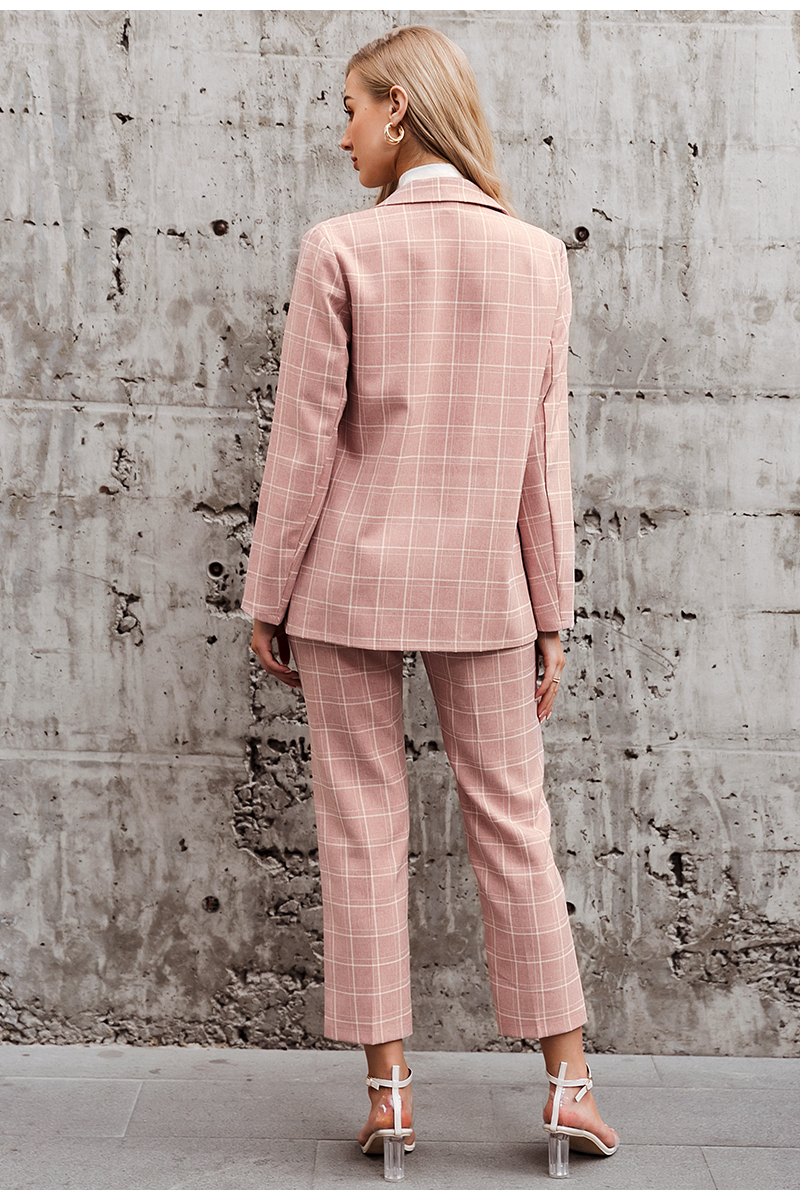 Pink Plaid Double Breasted Blazer with Pants Suit for Women