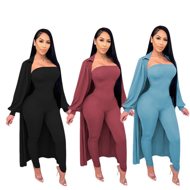 Women's Bandeau Jumpsuit and Long Cardigan Set