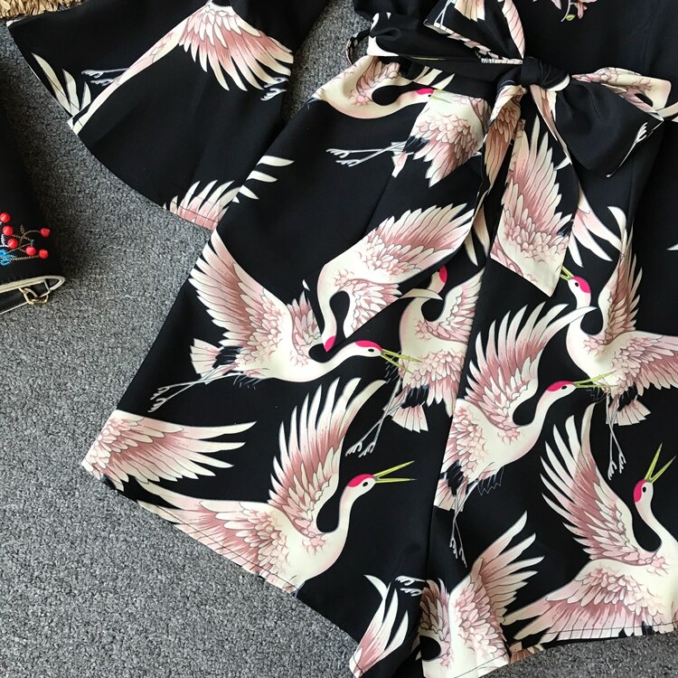 Women's Summer Bird Printed Black Romper