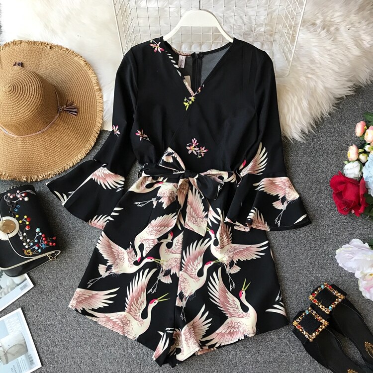 Women's Summer Bird Printed Black Romper