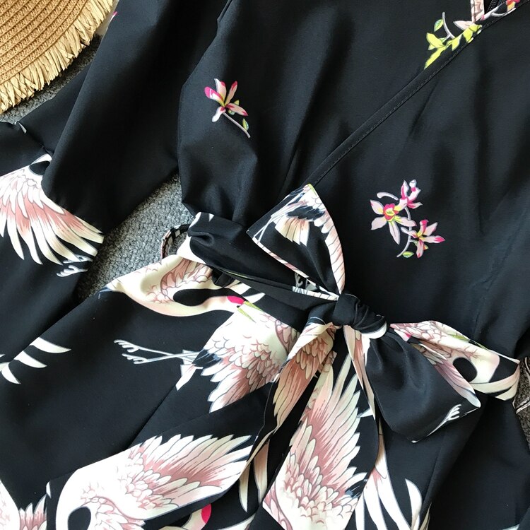 Women's Summer Bird Printed Black Romper