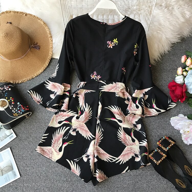 Women's Summer Bird Printed Black Romper