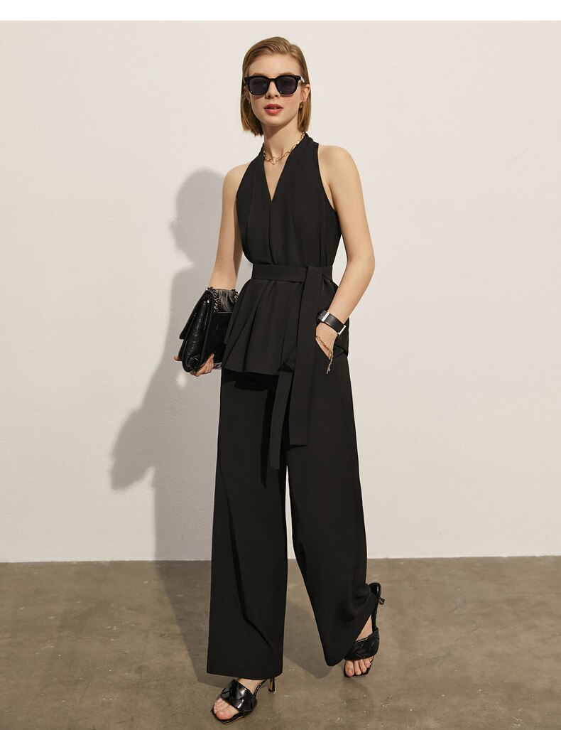 Minimalism Style Women's Halter Blouse with High Waist Pants Set