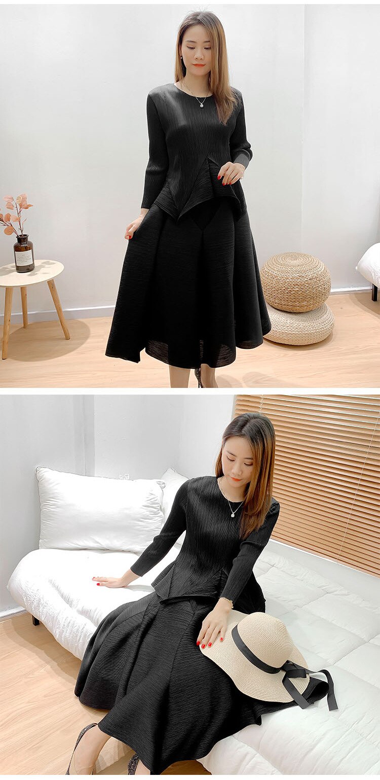 Women's Pleated Loose Pullover with Midi Skirt Set