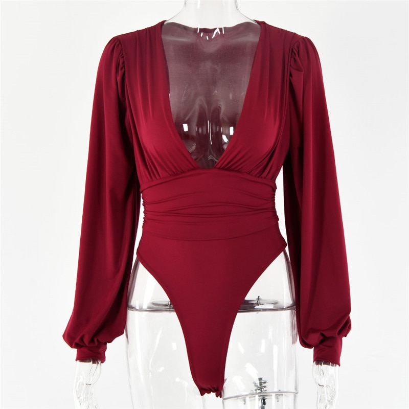 Deep V-Neck Bodysuit with Puff Sleeves