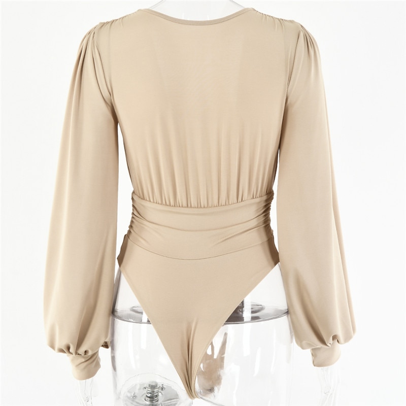 Deep V-Neck Bodysuit with Puff Sleeves